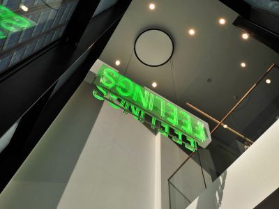Vertical shot showing the green 'Feelings' sign in Milton Court